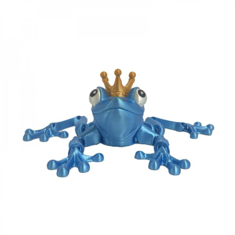 3D Printed Blue Frog With Gold Crown Figurine