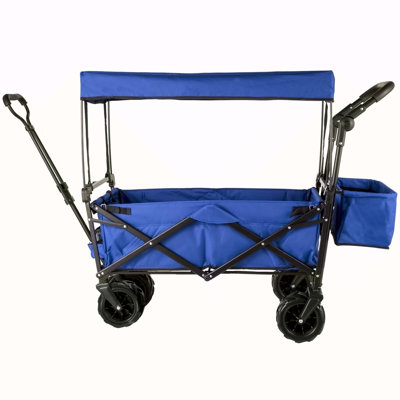 Extra Large Collapsible Garden Cart With Removable Canopy, Folding Wagon Utility Carts With Wheels And Rear Storage, Wagon Cart For Garden, Camping, Grocery Cart, Shopping Cart, Blue