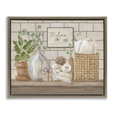 «Uplifting Bathroom Spa Relax Scene», art mural encadré sur toile flottante brun par Pam Britton