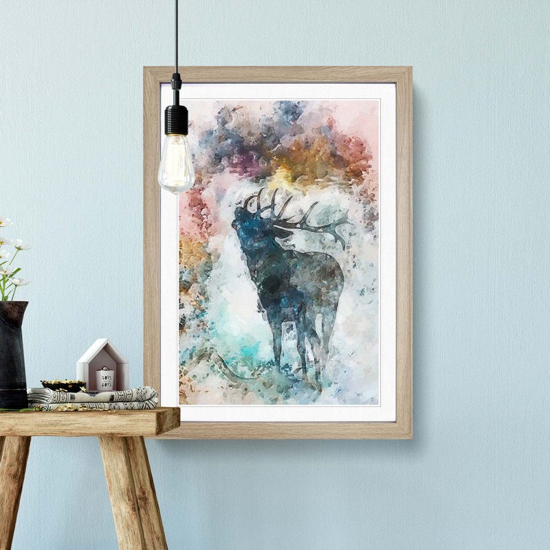 A Deer Stag Silhouette in Abstract - Picture Frame Painting Print, 36cm H x 27cm W x 2cm D, Oak Framed
