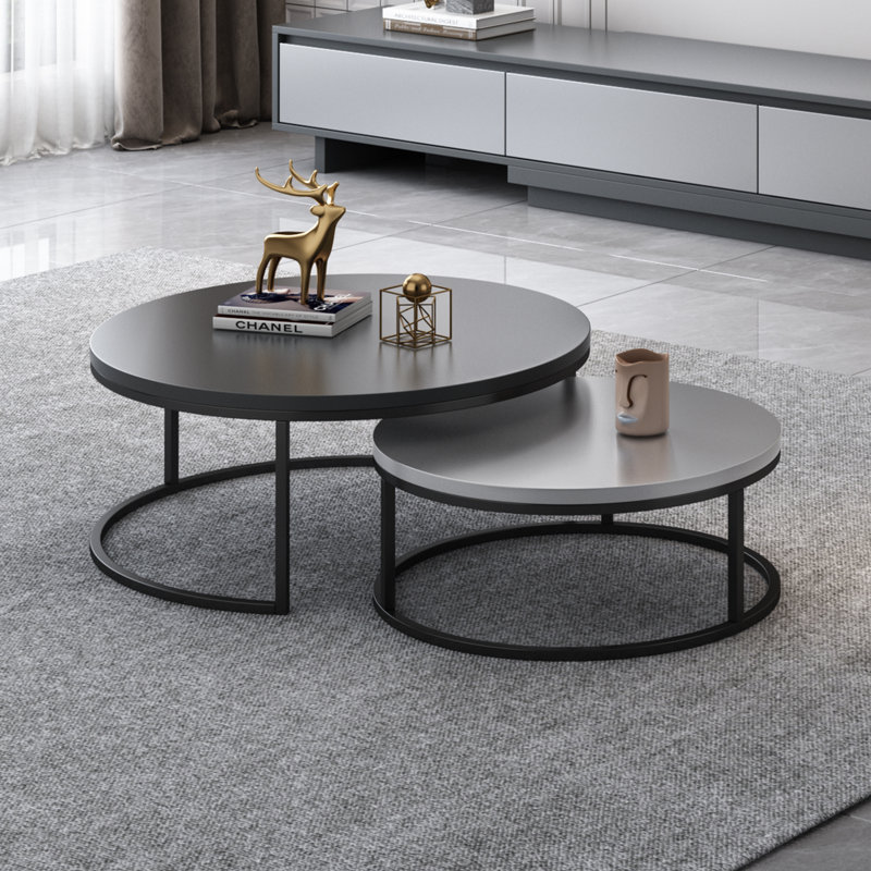 Banvra 2-piece Round Nesting Tables Modern Wood Gray & Black Round Nesting Coffee Table for Living Room, Gray