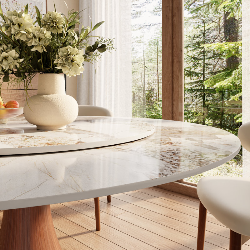 Round Dining Elegant Sintered Stone Table Set With Rotating Lazy Susan And 6 Upholstered PU Chairs For 4-8, Brown