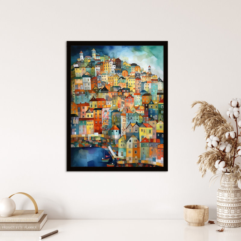 Seaside Village Folk Colourful Coastal - Single Picture Frame Print