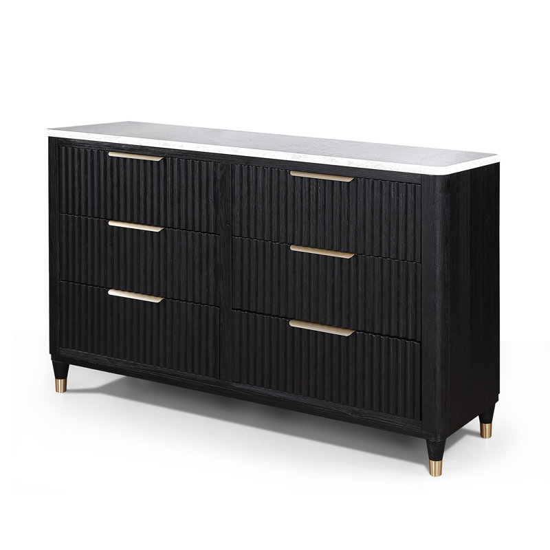 Esthétique moderne avec finition en bois naturel et grand espace de rangement à six tiroirs avec une commode en pierre reconstituée et une quincaillerie décorative en laiton