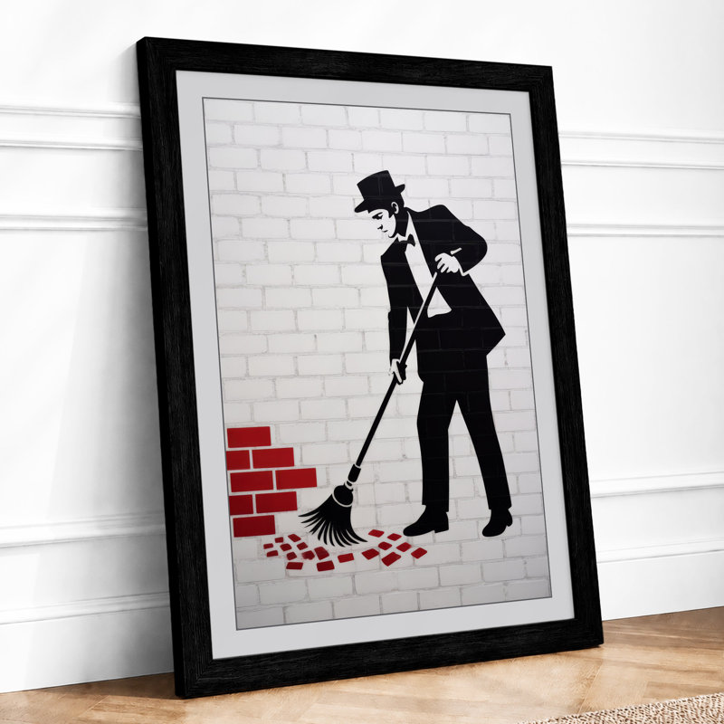 Gentleman Sweeping Urban Art - Framed Print, Black, A3 - 42.0 x 29.7 cm