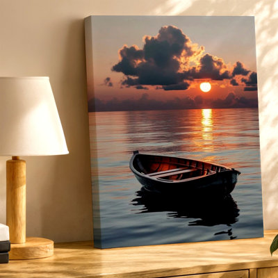 Sunset Ocean Rowboat Print Calm Sea Reflection Coastal Landscape Canvas Wall Art Print, Ocean Coastal Marine Artwork for Living Room Bedroom Office Hallway Gallery Wall Home Decor Accent