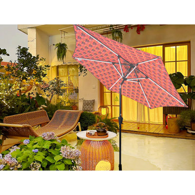 Parasol extérieur rond de 9 pi avec motif orange, éclairage à DEL solaire, 6 nervures en acier, inclinaison à bouton-poussoir, manivelle, évent, parasol avec lumières, mécanisme d'inclinaison, eau