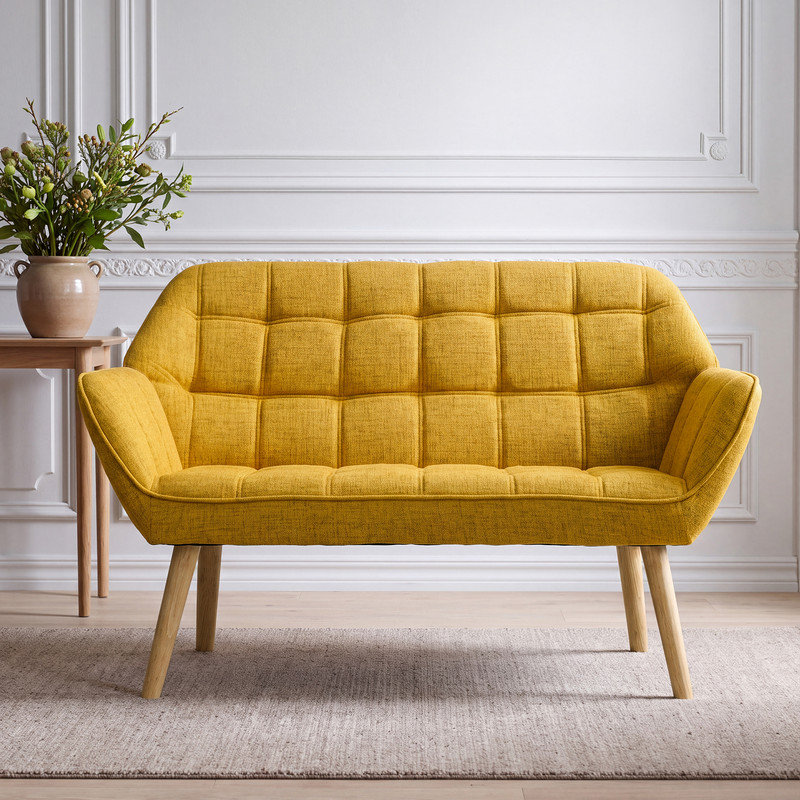 Priella Mid-Century Tufted Fabric Loveseat Sofa Upholstered Couch with Solid Wood Legs Compact Accent Chair for Living Room, Bedroom,Small Spaces