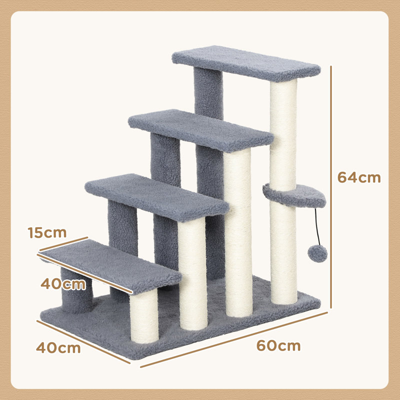 Escalier pour chat à 4 niveaux, gris avec poteaux à griffer, support suspendu et marche latérale pour chaton pour animaux de compagnie 4 niveaux
