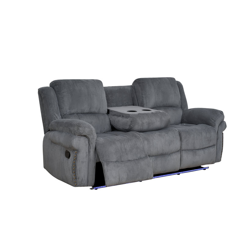 Dark Grey Corduroy Recliner Motion Sofa With Remote - Controlled LED Lights. This Sofa Featuring 3 Seats,Backrest Can Be Reclined, With Cup Holder Living Room/RV/Apartment