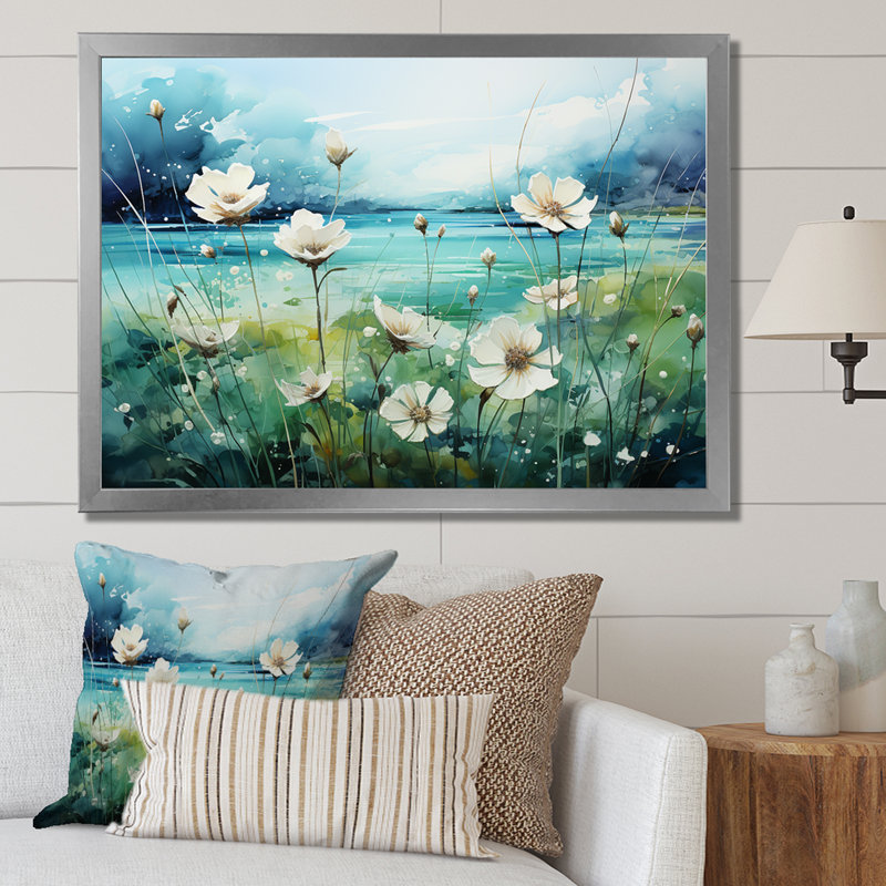 «Misty Flower Meadows II», reproduction sur toile, Cadre simple argenté, H 34 po x l 44 po x P 1,5 po