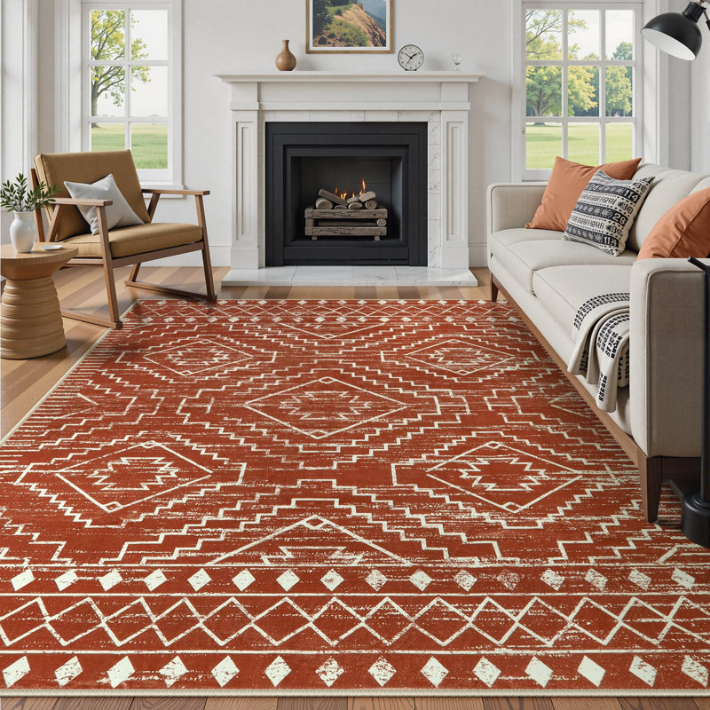 Tribal Geometric Washable Area Rug for Living Room & Bedroom, Non-Slip Moroccan Rug, Rectangle 6' x 9'