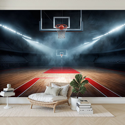 Peel and Stick Wallpaper 96" W x 69" H Modern Self Adhesive Wall Mural for Bedroom Basketball Hoop Spotlight Dramatic Lighting Sports Court Playground