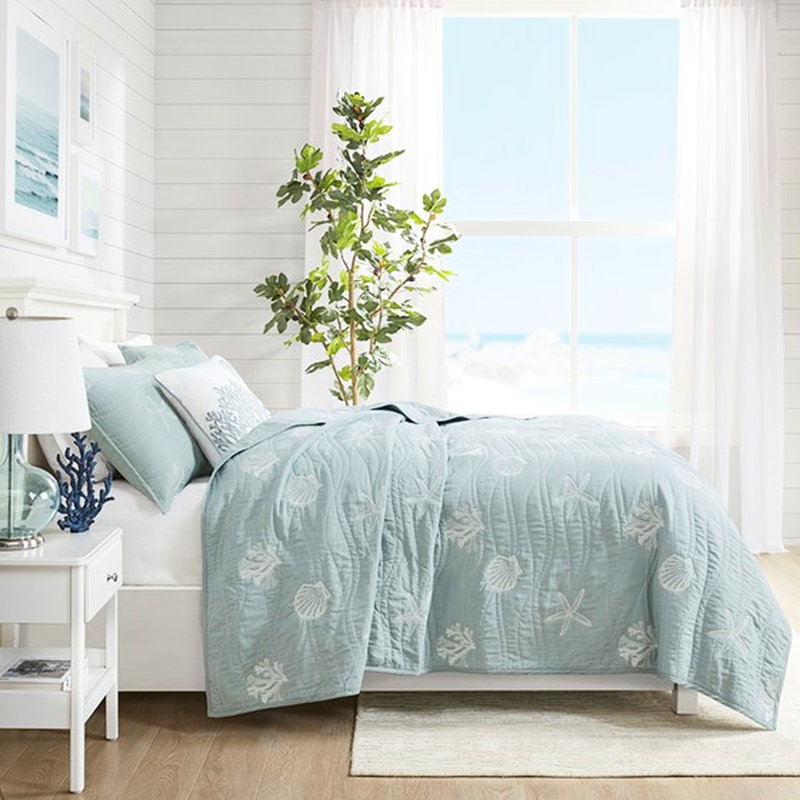 Lit double en coton double / grand Corail brodé, motifs de courtepointe décoratifs de chambre à coucher 4 pièces, coussins,