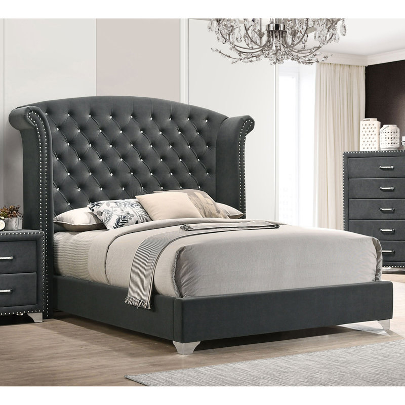Gray Upholstered Queen Wingback Bed