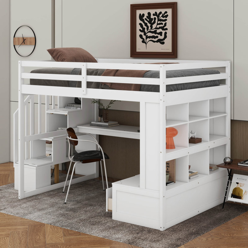 Lit mezzanine double avec bureau, tablettes, escalier de rangement et 2 tiroirs, Blanc