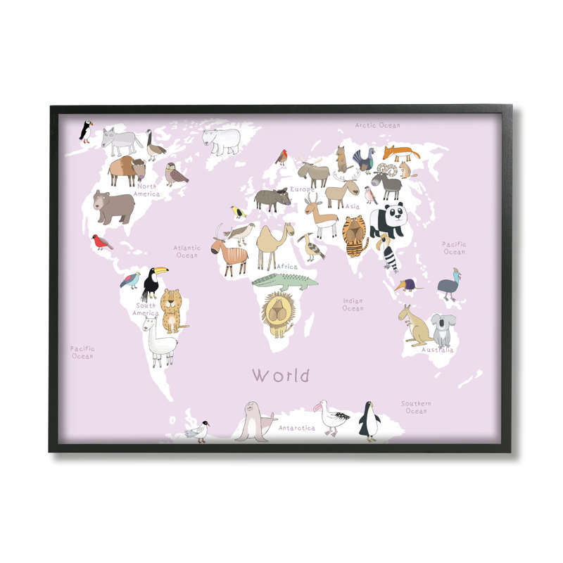 Carte du monde avec des enfants, rose clair - impression, H 24 po x l 30 po, Giclée encadrée noir minuit