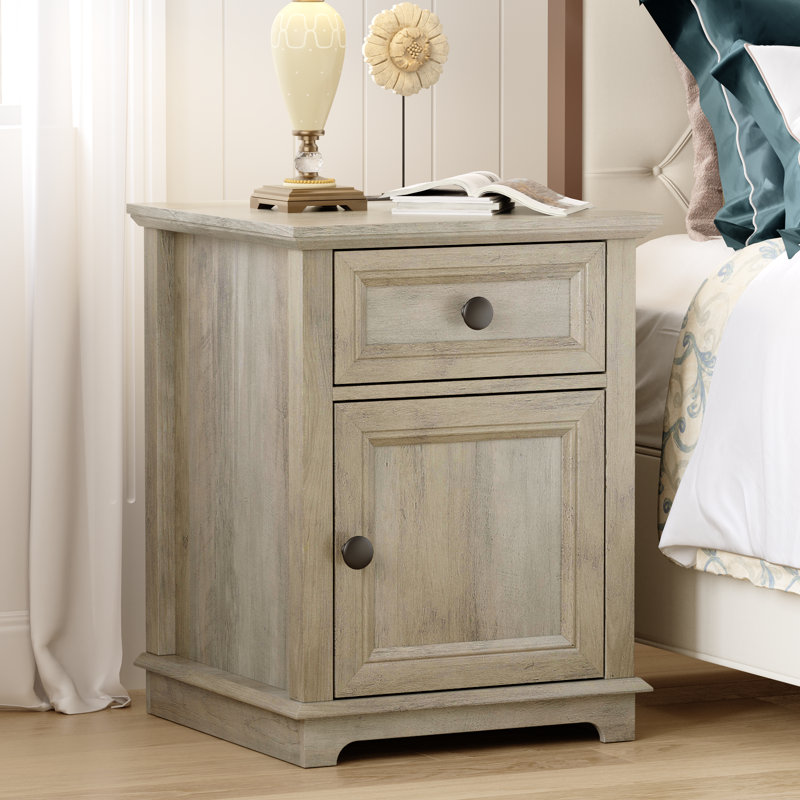 Azella 1-Drawer Frame End Table Set with Storage and Built-In Outlets, Split Oak