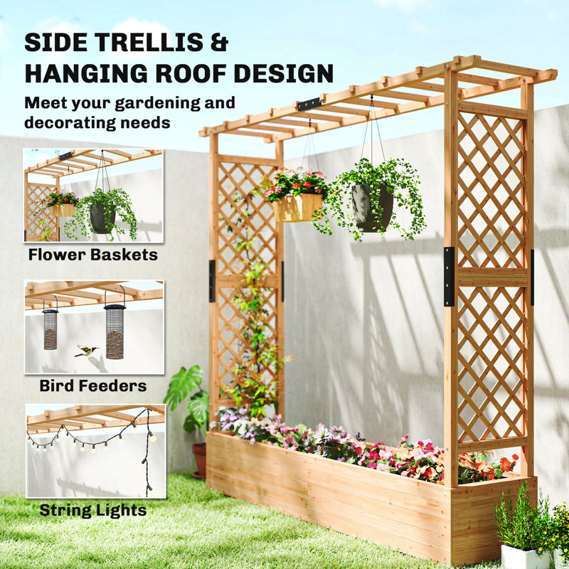 Raised Garden Bed with Trellis, Wooden Planter Box with Hanging Roof and Drainage Holes, Outdoor Trellis Planter for Climbing Plants, Vegetables, Herbs and Flowers, 77.2" x 17.3" x 71.3"