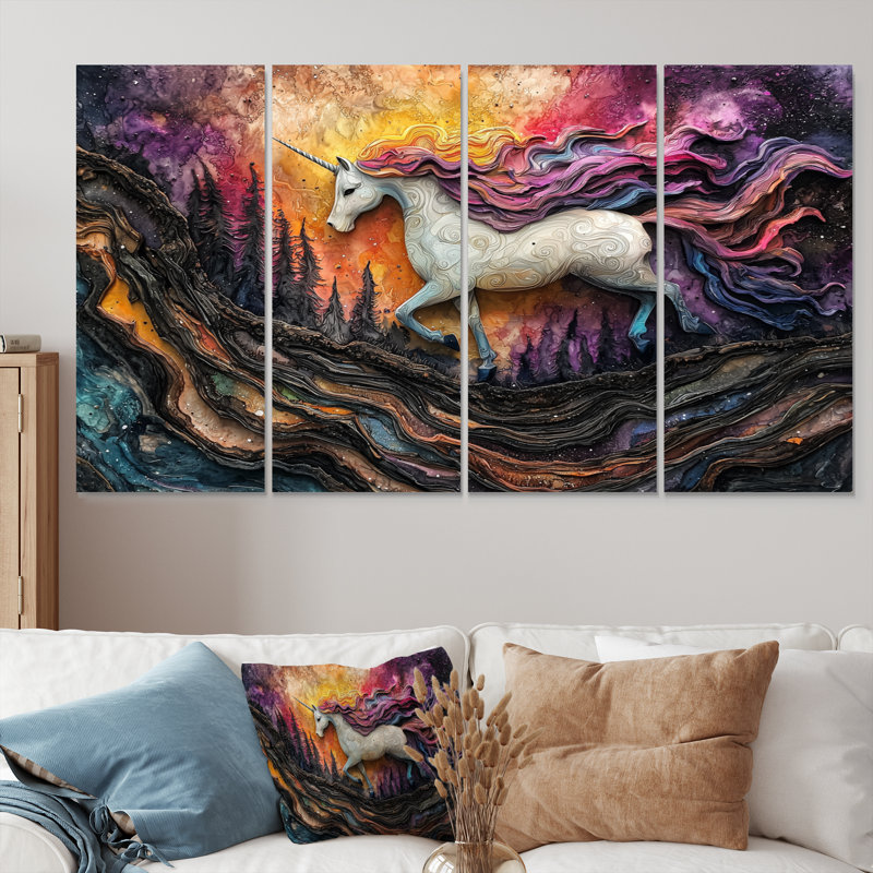 Unicorns on Cosmic Castle Landscape III - Unicorns Wall Art - Art mural moderne pour le salon, 4 pièces, H 32 po x l 64 po
