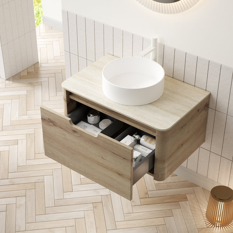 Meuble-lavabo mural 30 po avec tiroir, lavabo rond en céramique blanc, plateau en pierre frittée Roma Travertine, finition chêne blanc, pré-assemblé