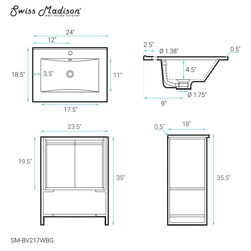 Marseille 24" Bathroom Vanity, White and Brushed Gold, Glossy White