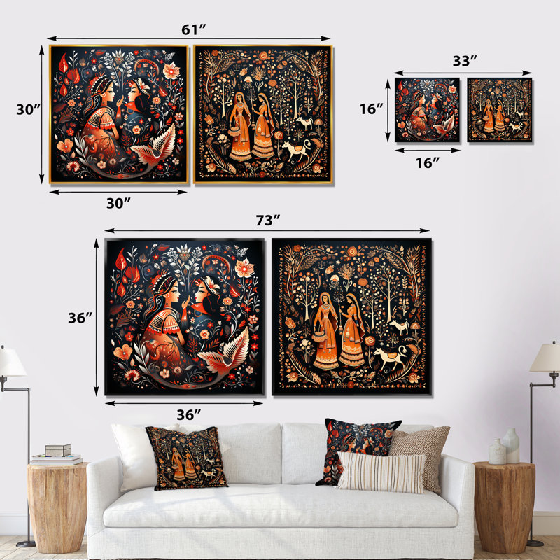 Indian Art Rajasthani Folklore Tales I - Art mural indien ensemble de salon de 2, H 36 po x l 73 po x P 1,5 po, Toile tendue