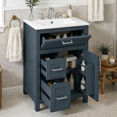 Meuble-lavabo autoportant de 24 po avec lavabo en céramique et rangement multifonctionnel