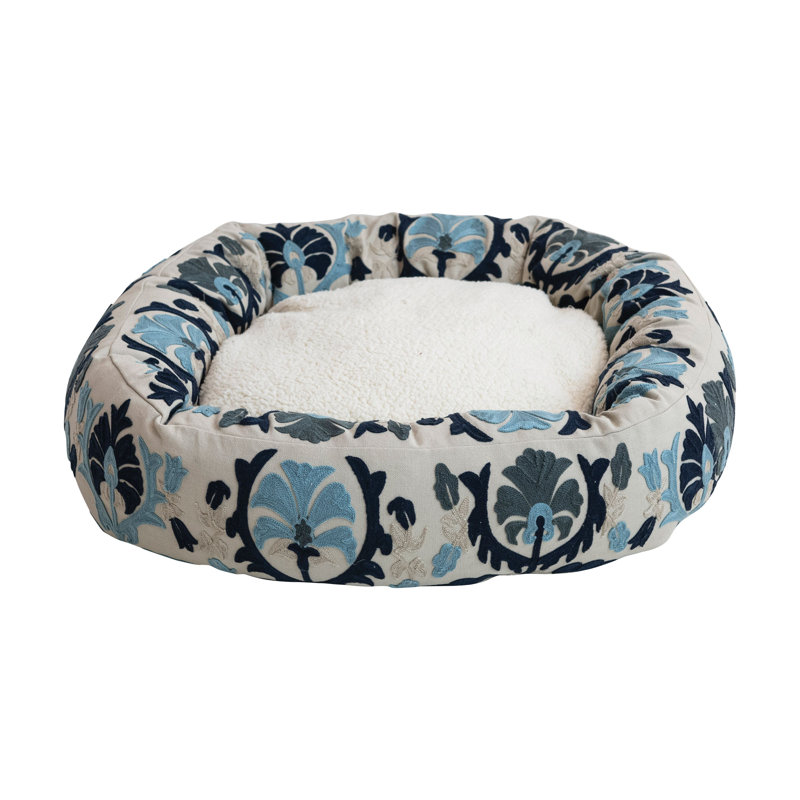 Lit rond rond en coton et sherpa avec housse amovible, Bleu / gris