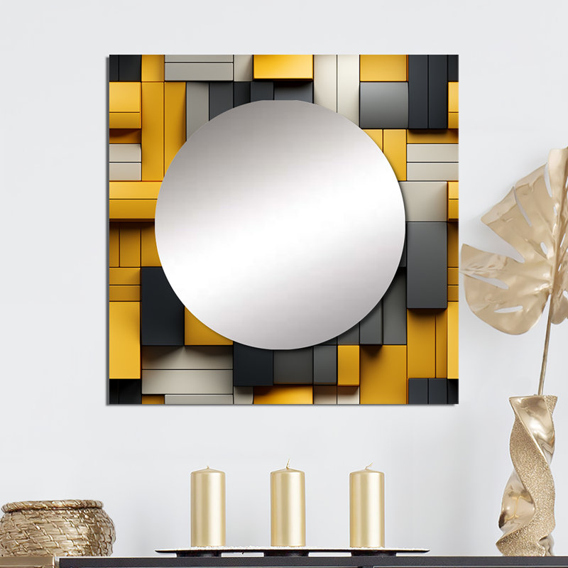 Harmonie de blocs géométriques jaunes et gris - miroir carré moderne pour décoration murale, 29 po x 29 po