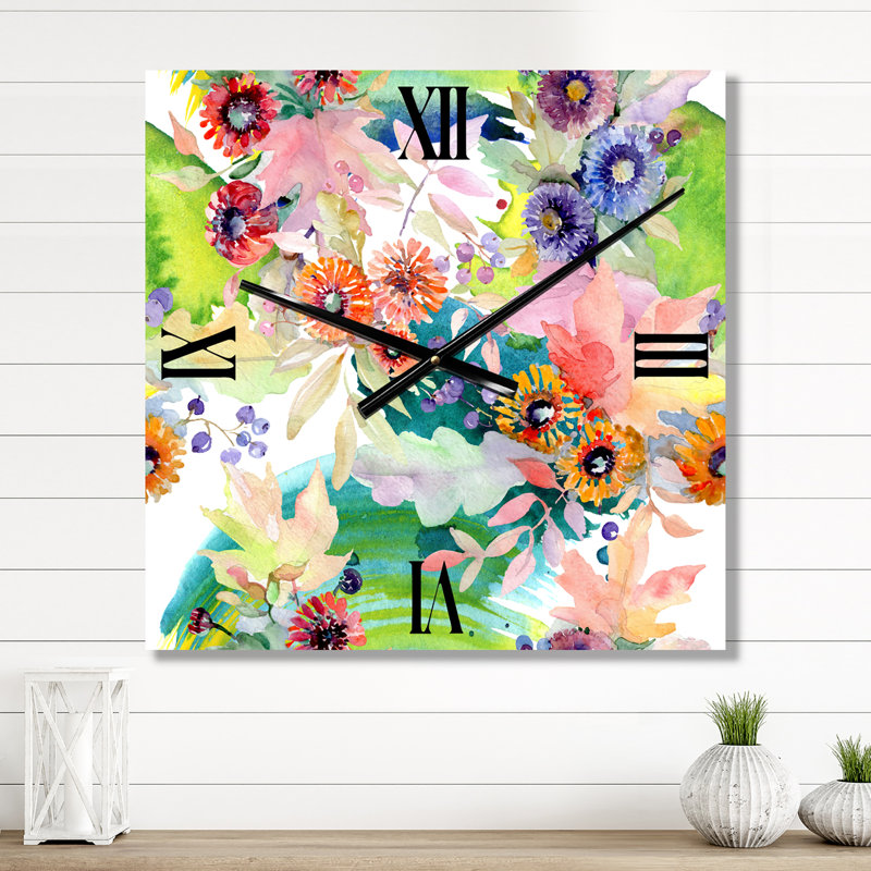 Horloge murale Vibrant Wild Spring Leaves and Wildflowers II, Moyen