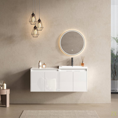 Meuble-lavabo 48 po avec lavabo en résine, portes à fermeture en douceur et armoire murale, montage flottant, contreplaqué (emballage KD)