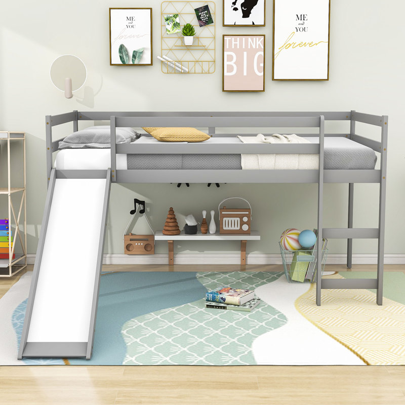 Twin Wood Loft Bed With Slide & Ladder, Gray, Full