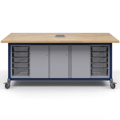 Table de créateur Explorer avec 2 modules de bacs avec bacs, 1 module de rangement simple et 1 double avec portes verrouillables et alimentation