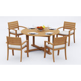 4 Seats 5 Pcs Grade-A Teak Wood Dining Set: 60" Round Table And 4 Travota Stacking Arm Chairs #11TV1204