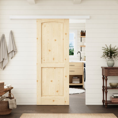 30"x80" 2-Panel Arch Top Pine Wood Interior Slab Door With Hiden Track Hardware Kit Suitbale For Living Room, Pantry
