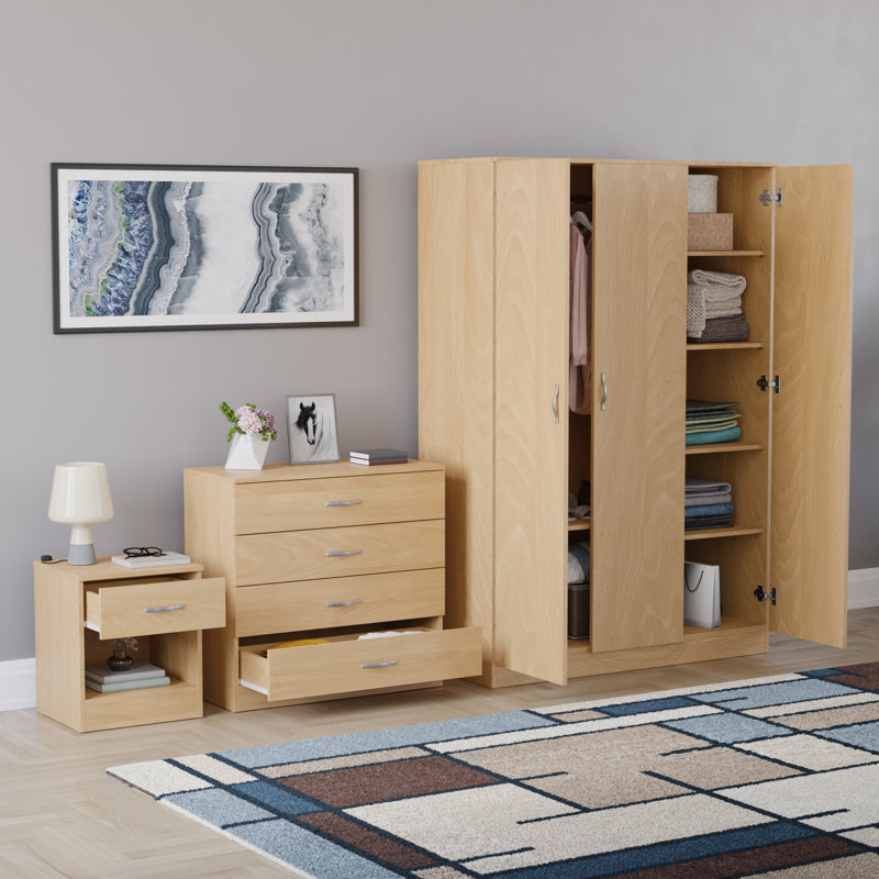 Maybery 3 Piece Bedroom Set (1 Drawer Bedside Chest, 4 Drawer Chest, 3 Door Wardrobe), (5), Pine