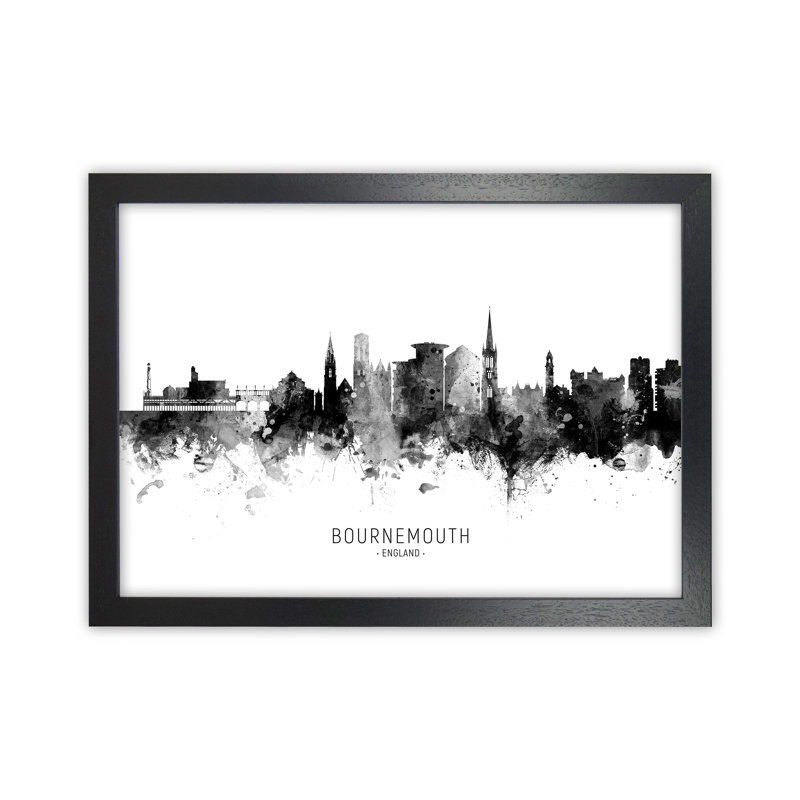 Bournemouth England Skyline Black White City Name by Michael Tompsett - Print, 25cm H x 34cm W x 3cm D, Black Framed