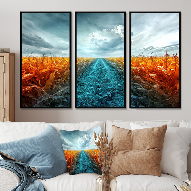 Rangées d'art champêtre vert, H 28 po x l 36 po x P 1 po, Toile avec cadre flottant noir