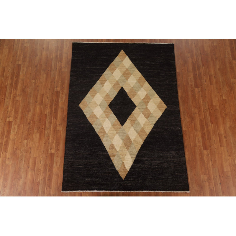 Tapis noir en laine noué à la main de conception unique 5 pi 7 po x 7 pi 10 po New Age Burchette