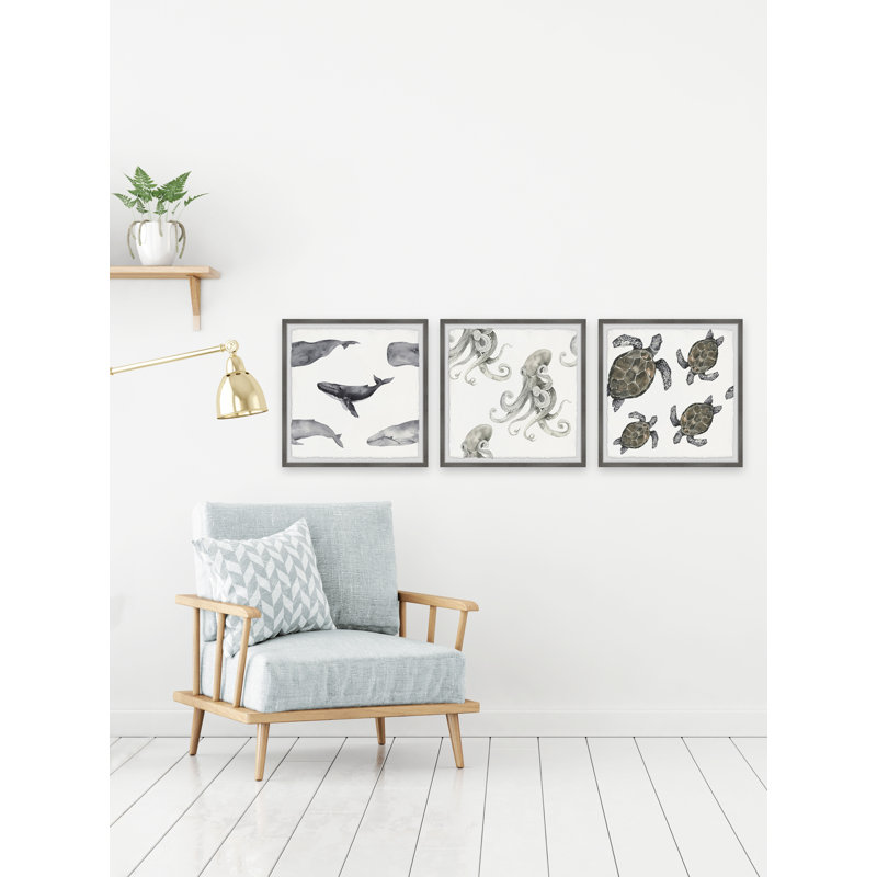 Melbeta Whales And Octopus by Marmont Hill - 3 Piece Single Picture Frame Painting Set