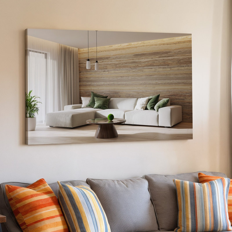 Reproduction d'art sur toile, un salon moderne avec un canapé modulaire beige clair orné de tendres coussins vert et blanc