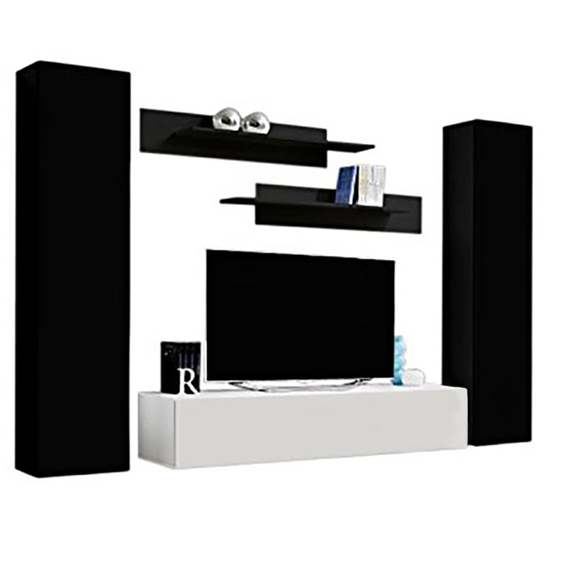 Volpe 100" Modern Floating Wall Mounted Entertainment Center with 16-Color LED Lighting, High Gloss Finish, Black/White