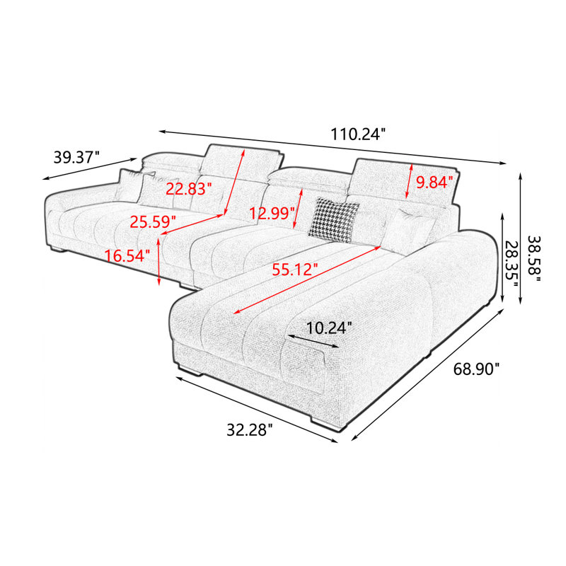 Canapé modulaire 3 pièces rembourré, Chenille crémeux / blanc, H 38,58 po x l 110,24 po x P 68,9 po, Face à la droite