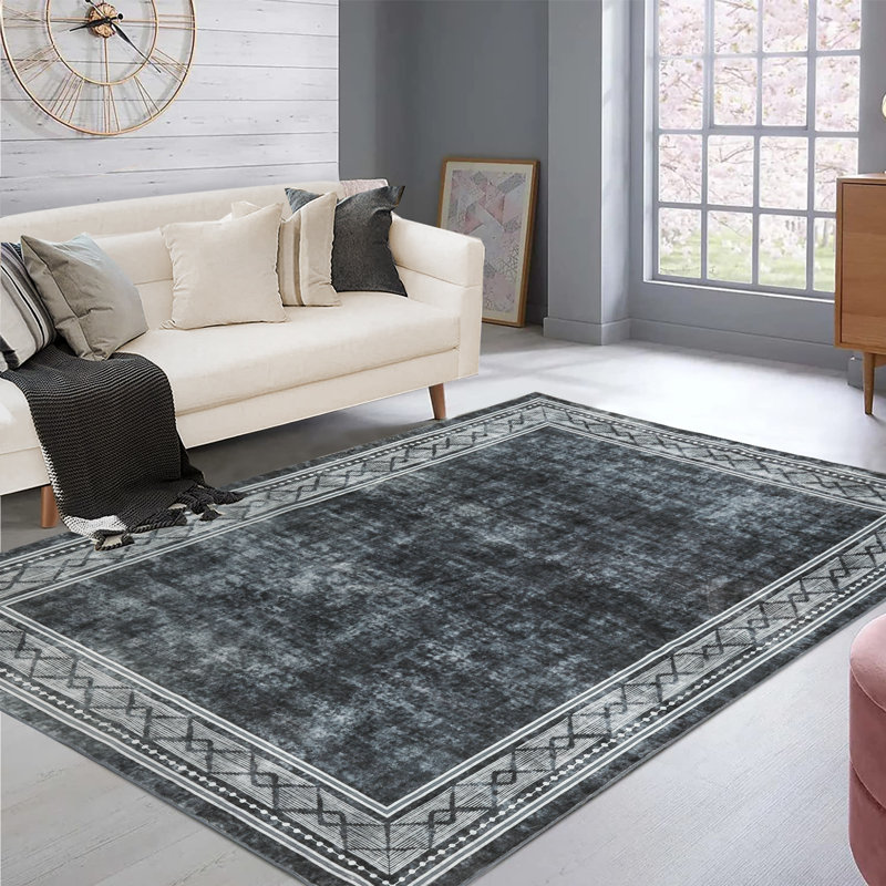 Washable Area Rug Modern Rug Non Slip Rug Geometric Bordered Rug for Living Room Bedroom Study Room Playroom Nursery, Gray