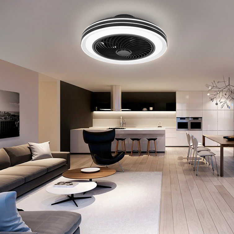 20 In. Indoor Caged Enclosed Ceiling Fan With Led Light Modern Low Profile Ceiling Fan With Remote And App Control