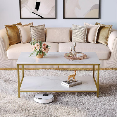 Modern 2-Tier Coffee Table For Living Room White Gold Coffee Tables Industrial Rectangle Wood Table For Large Or Small Spaces Home Office Apartment, White Gold