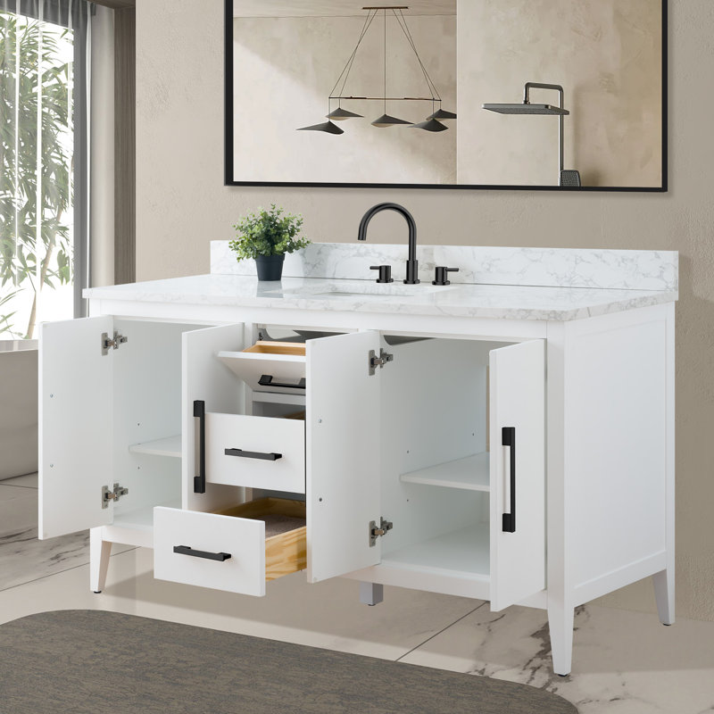 Meuble-lavabo simple 60 po avec plateau en marbre Chambery, Blanc, Noir mat