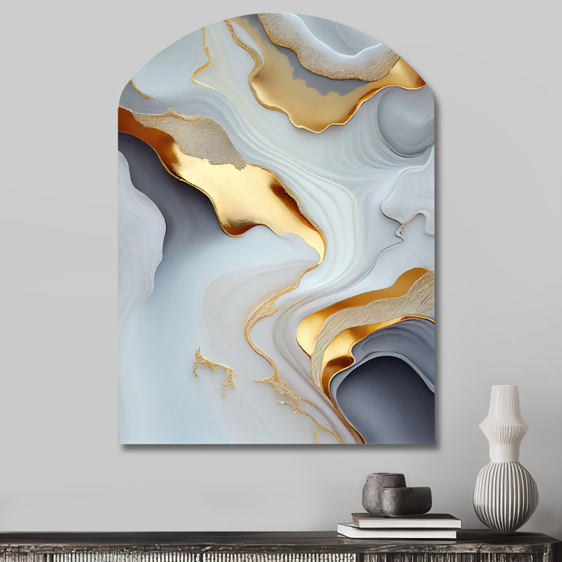 White And Gold Marble Abstract IV - Asymmetrical Abstract Marble Metal Art, Arch Metal Wall Sculpture Print