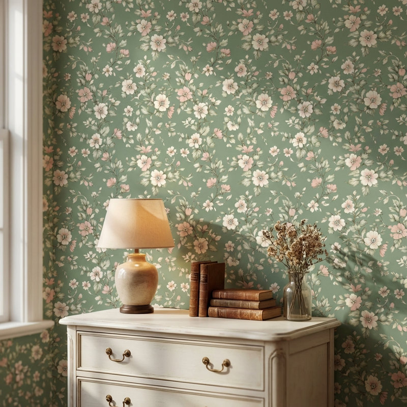 Papier peint floral rétro vert